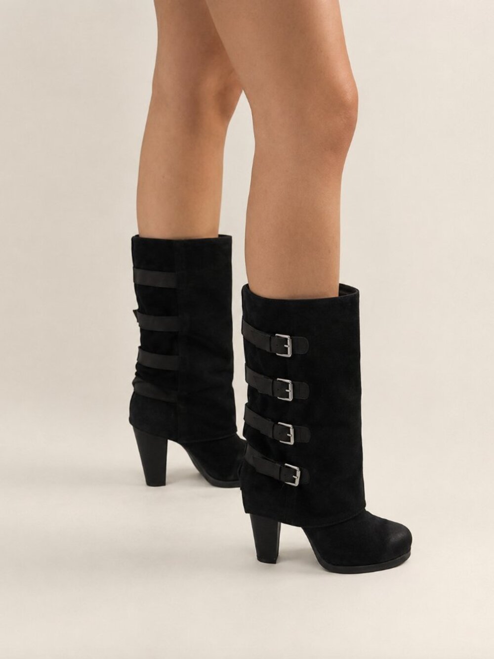 Black Suede Fold over Buckle Heeled boots